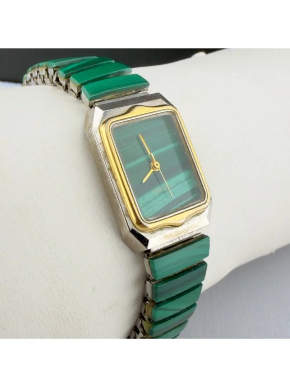 Vintage Malachite Green Stone Stretch Bracelet Watch Rectangle New Battery Works